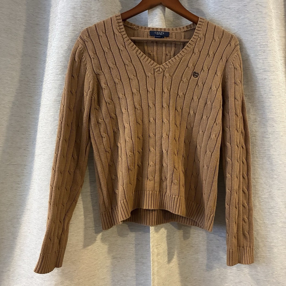 Chaps Sweater Womens Size Large Cable Knit V-Neck Fisherman Preppy